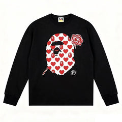 BAPE Style Heart & Rose Ape Head Long-Sleeve Tee - Black/Red-White