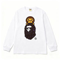 BAPE Style Baby Milo on Dark Leopard Camo Ape Head Long-Sleeve Tee - White/Dark Leopard