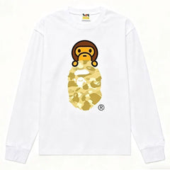 BAPE Style Baby Milo Peeking on Camo Ape Head Long-Sleeve Tee - White/Yellow