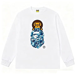 BAPE Style Baby Milo Peeking on Camo Ape Head Long-Sleeve Tee - White/Blue