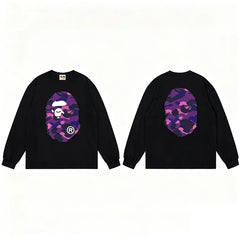 BAPE Style Big Camo Ape Head Long-Sleeve Tee - Black/Purple