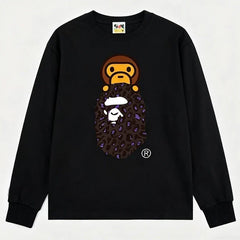 BAPE Style Baby Milo on Dark Leopard Camo Ape Head Long-Sleeve Tee - Black/Dark Leopard